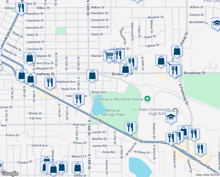 map of restaurants, bars, coffee shops, grocery stores, and more near 1703 Royal Avenue in Pekin