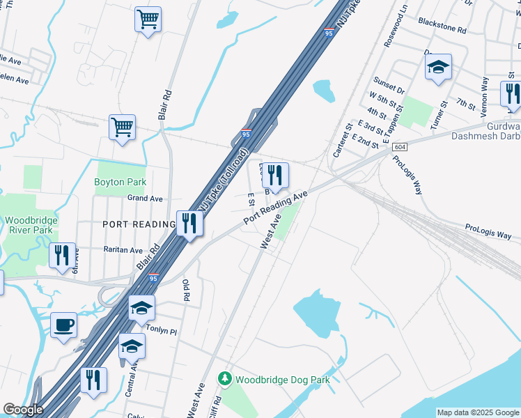 map of restaurants, bars, coffee shops, grocery stores, and more near 455 Port Reading Avenue in Woodbridge Township