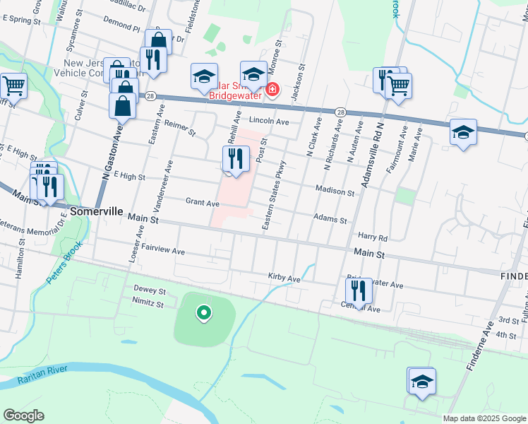 map of restaurants, bars, coffee shops, grocery stores, and more near 25 Eastern States Parkway in Somerville