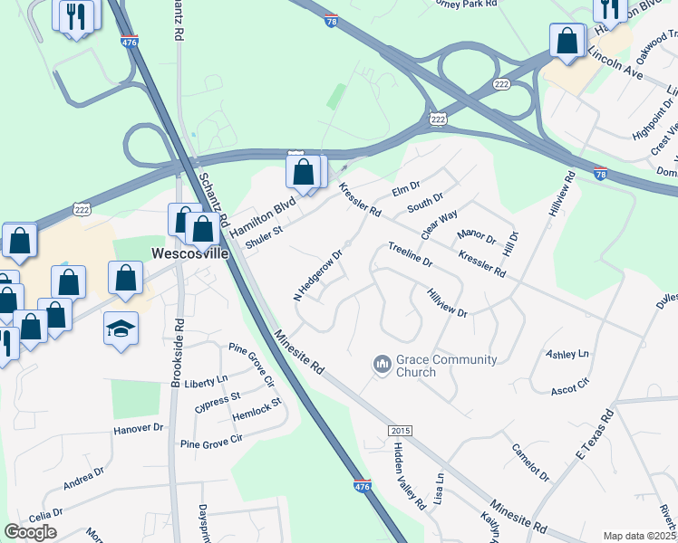 map of restaurants, bars, coffee shops, grocery stores, and more near 962 Barnside Road in Allentown