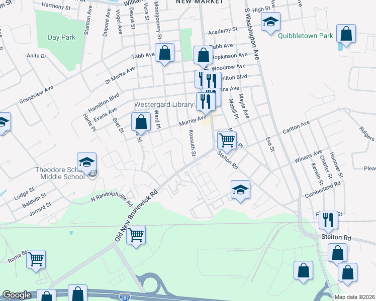 map of restaurants, bars, coffee shops, grocery stores, and more near 273 Tanglewood Drive in Piscataway