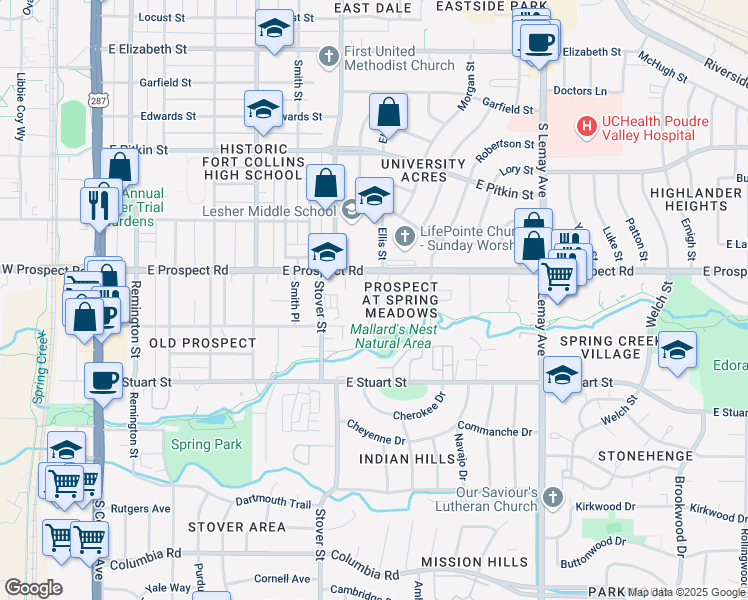 map of restaurants, bars, coffee shops, grocery stores, and more near 1669 Sprocket Drive in Fort Collins