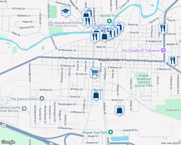 map of restaurants, bars, coffee shops, grocery stores, and more near 409 South Blackhoof Street in Wapakoneta