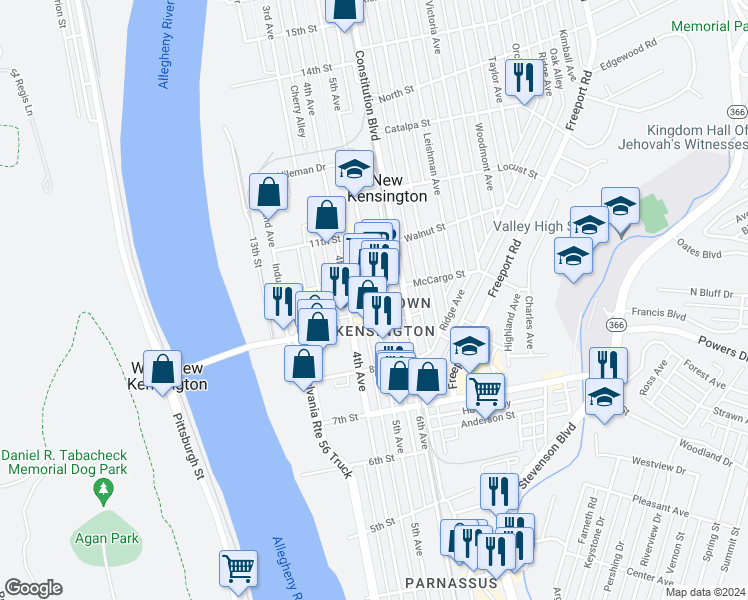 map of restaurants, bars, coffee shops, grocery stores, and more near 950 5th Avenue in New Kensington