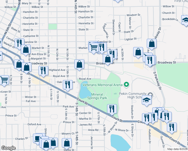 map of restaurants, bars, coffee shops, grocery stores, and more near 1703 Royal Avenue in Pekin