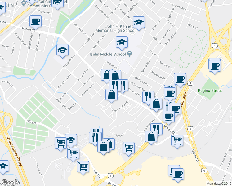 map of restaurants, bars, coffee shops, grocery stores, and more near 865 Green Street in Woodbridge Township