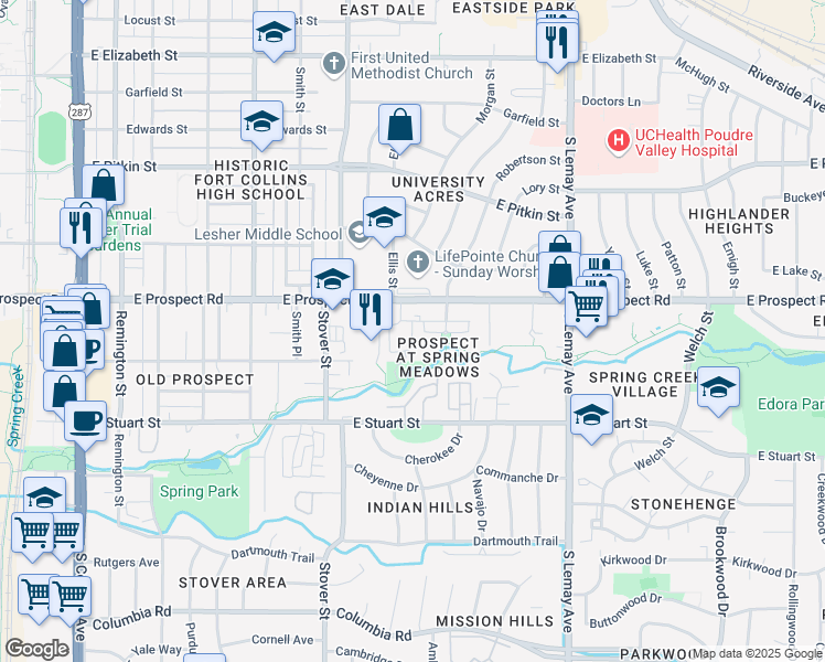 map of restaurants, bars, coffee shops, grocery stores, and more near 1669 Sprocket Drive in Fort Collins