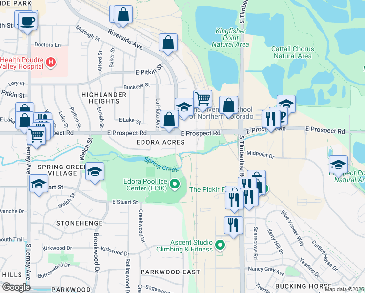 map of restaurants, bars, coffee shops, grocery stores, and more near 1685 Riverside Avenue in Fort Collins