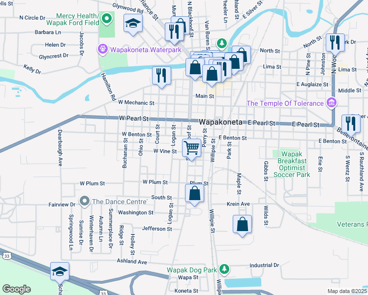 map of restaurants, bars, coffee shops, grocery stores, and more near 405 South Blackhoof Street in Wapakoneta