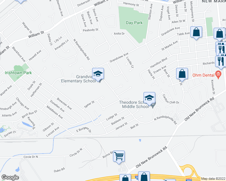 map of restaurants, bars, coffee shops, grocery stores, and more near 159 North Randolphville Road in Piscataway Township