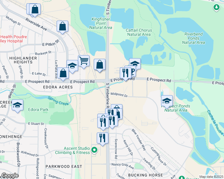 map of restaurants, bars, coffee shops, grocery stores, and more near 2102 Midpoint Drive in Fort Collins