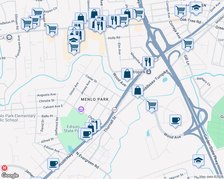 map of restaurants, bars, coffee shops, grocery stores, and more near 23 Cedar Street in Edison