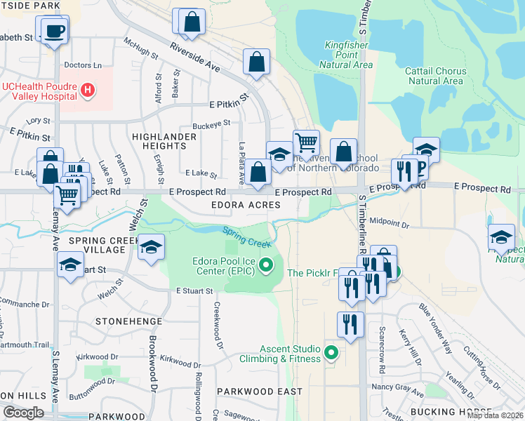 map of restaurants, bars, coffee shops, grocery stores, and more near 1685 Riverside Avenue in Fort Collins