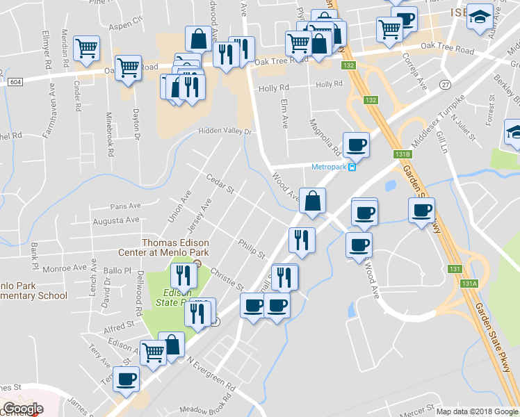 map of restaurants, bars, coffee shops, grocery stores, and more near 23 Cedar Street in Edison