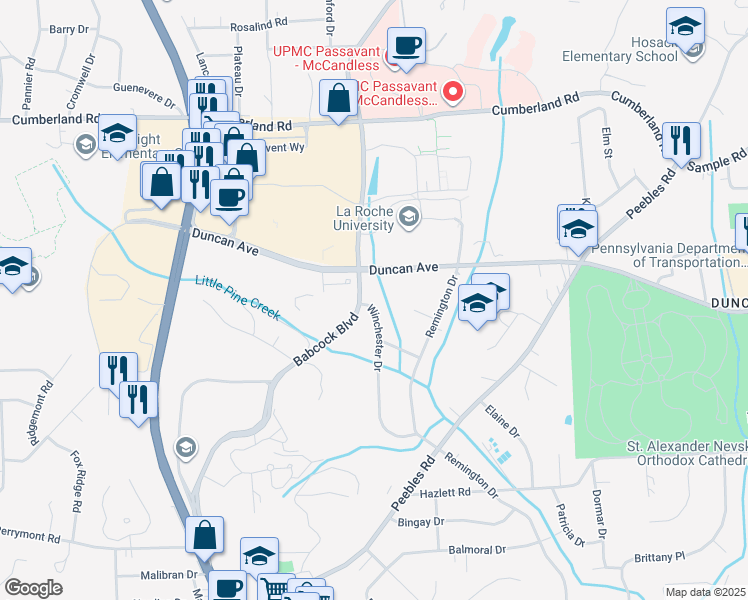 map of restaurants, bars, coffee shops, grocery stores, and more near 8700 Winchester Drive in Pittsburgh