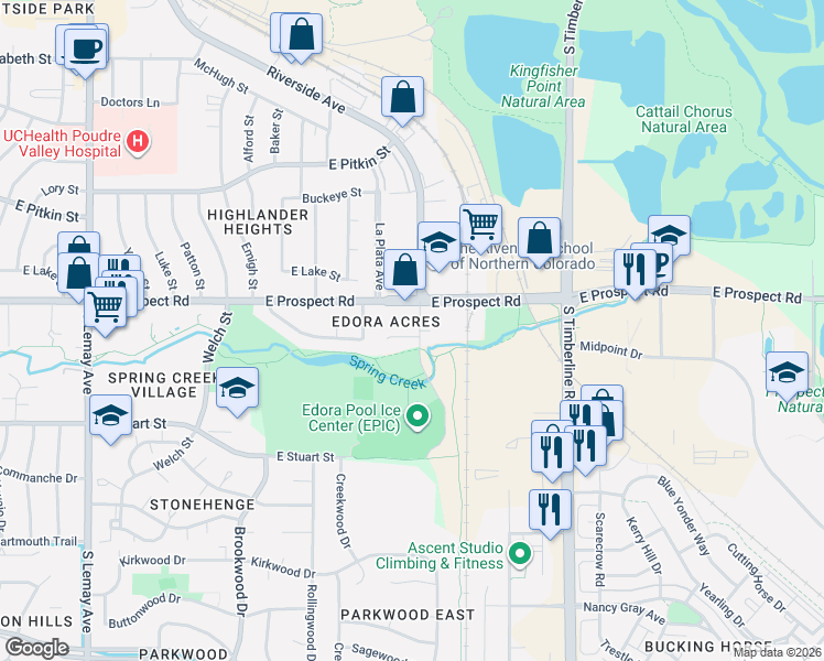 map of restaurants, bars, coffee shops, grocery stores, and more near 1685 Riverside Avenue in Fort Collins