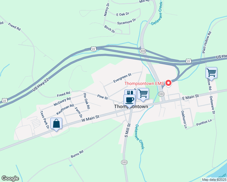 map of restaurants, bars, coffee shops, grocery stores, and more near 55 Tuscarora Street in Thompsontown