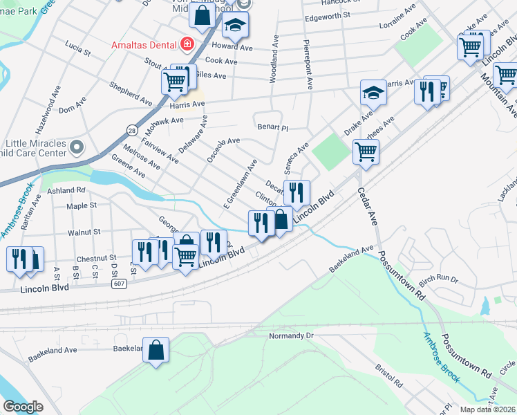 map of restaurants, bars, coffee shops, grocery stores, and more near 522 Fairview Avenue in Middlesex