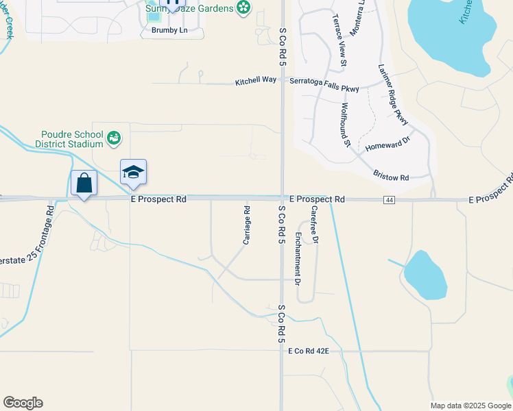 map of restaurants, bars, coffee shops, grocery stores, and more near 5001 East Prospect Road in Fort Collins