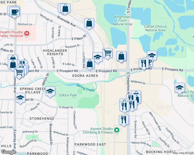 map of restaurants, bars, coffee shops, grocery stores, and more near 1685 Riverside Avenue in Fort Collins