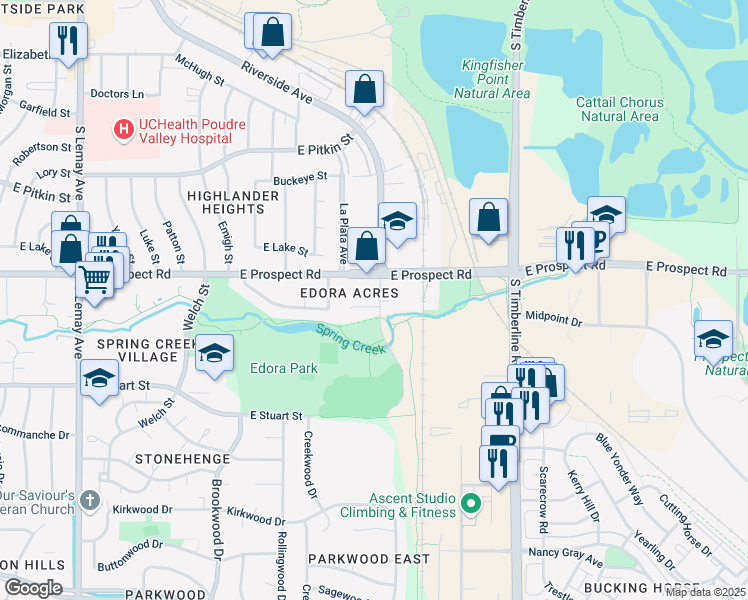 map of restaurants, bars, coffee shops, grocery stores, and more near 1685 Riverside Avenue in Fort Collins