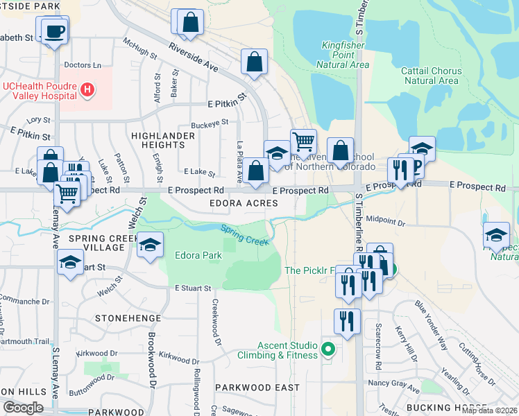 map of restaurants, bars, coffee shops, grocery stores, and more near 1685 Riverside Avenue in Fort Collins