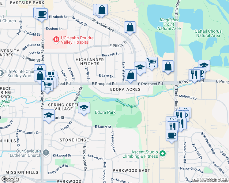 map of restaurants, bars, coffee shops, grocery stores, and more near 1518 Edora Court in Fort Collins