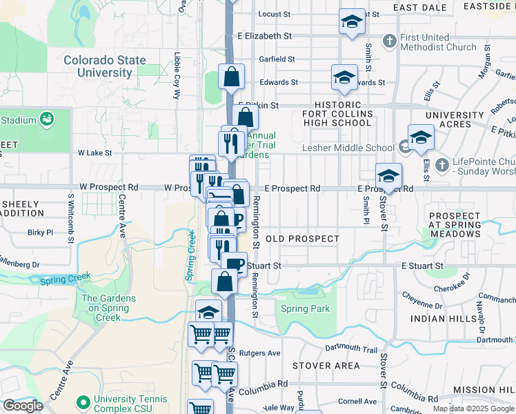 map of restaurants, bars, coffee shops, grocery stores, and more near 1624 Remington Street in Fort Collins