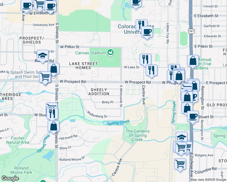 map of restaurants, bars, coffee shops, grocery stores, and more near 822 Juniper Lane in Fort Collins