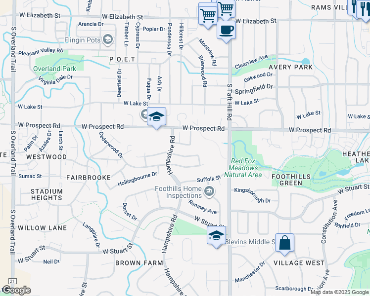 map of restaurants, bars, coffee shops, grocery stores, and more near 2224 Coventry Court in Fort Collins