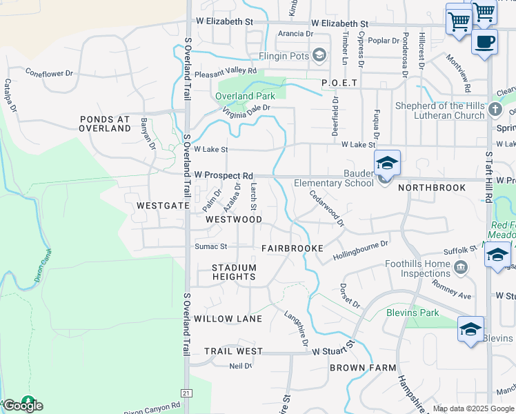 map of restaurants, bars, coffee shops, grocery stores, and more near 2727 Holly Place in Fort Collins