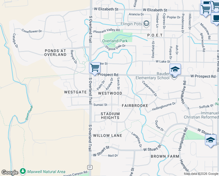 map of restaurants, bars, coffee shops, grocery stores, and more near 1704 Pecan Street in Fort Collins