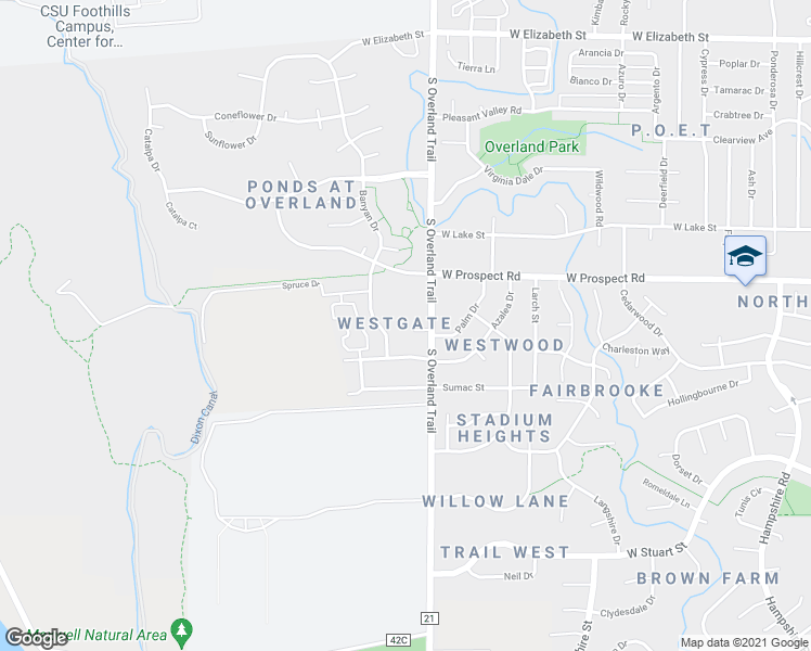 map of restaurants, bars, coffee shops, grocery stores, and more near 3107 Palm Court in Fort Collins