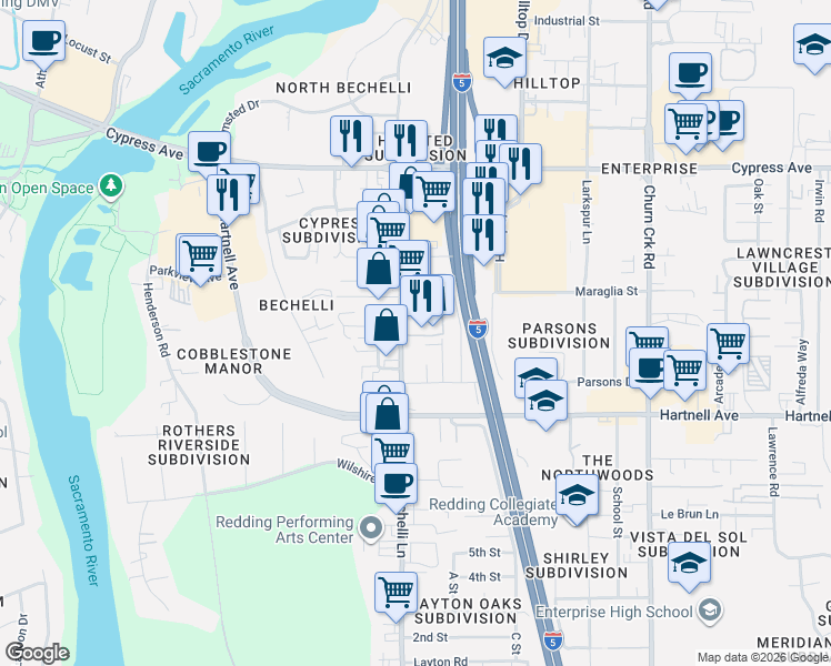 map of restaurants, bars, coffee shops, grocery stores, and more near 2841 Bechelli Lane in Redding