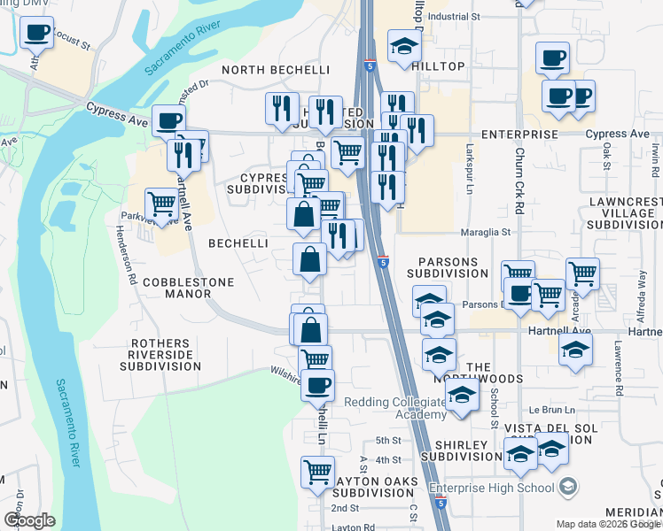 map of restaurants, bars, coffee shops, grocery stores, and more near 2841 Bechelli Lane in Redding
