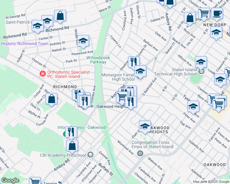 map of restaurants, bars, coffee shops, grocery stores, and more near 2970 Amboy Road in Staten Island