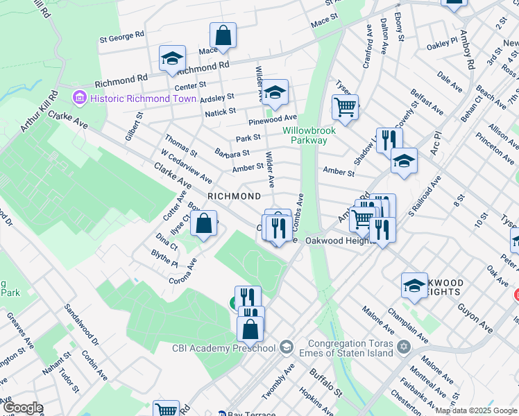map of restaurants, bars, coffee shops, grocery stores, and more near 7 West Cedarview Avenue in Staten Island