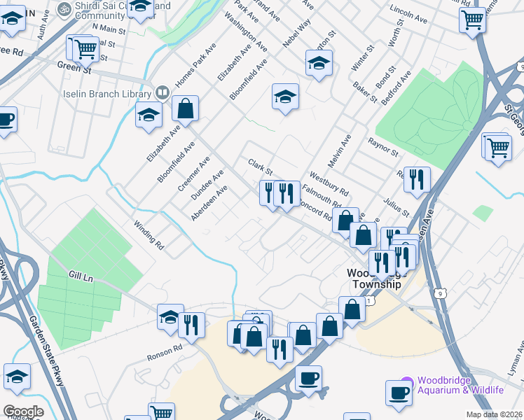 map of restaurants, bars, coffee shops, grocery stores, and more near 865 Green Street in Woodbridge Township