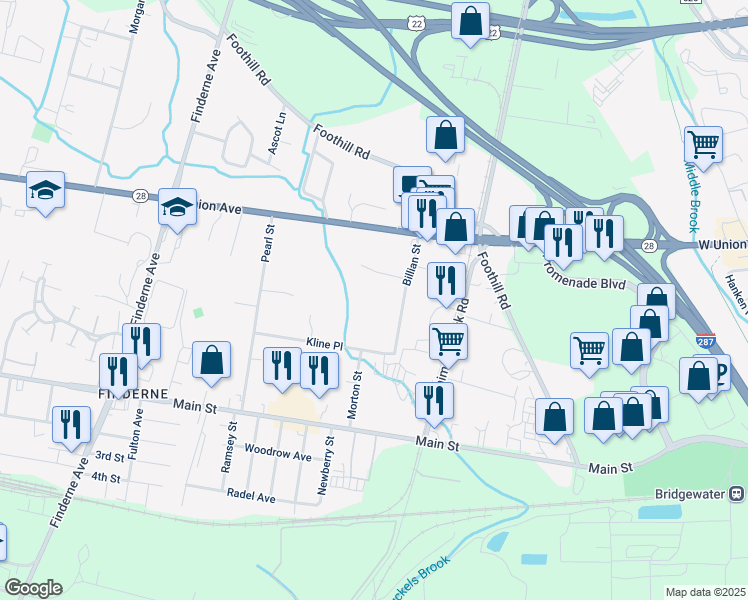map of restaurants, bars, coffee shops, grocery stores, and more near 111 Billian Street in Bridgewater