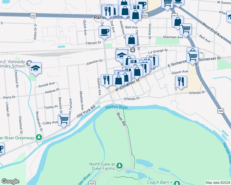 map of restaurants, bars, coffee shops, grocery stores, and more near 91 West Somerset Street in Raritan