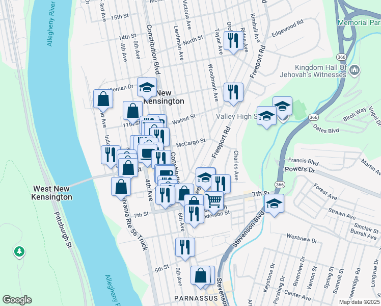 map of restaurants, bars, coffee shops, grocery stores, and more near 870 Kenneth Avenue in New Kensington