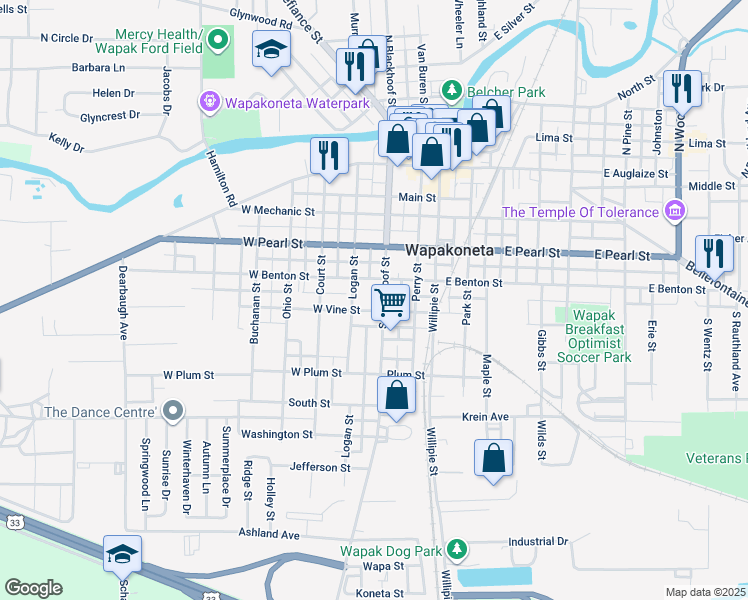 map of restaurants, bars, coffee shops, grocery stores, and more near 409 South Blackhoof Street in Wapakoneta