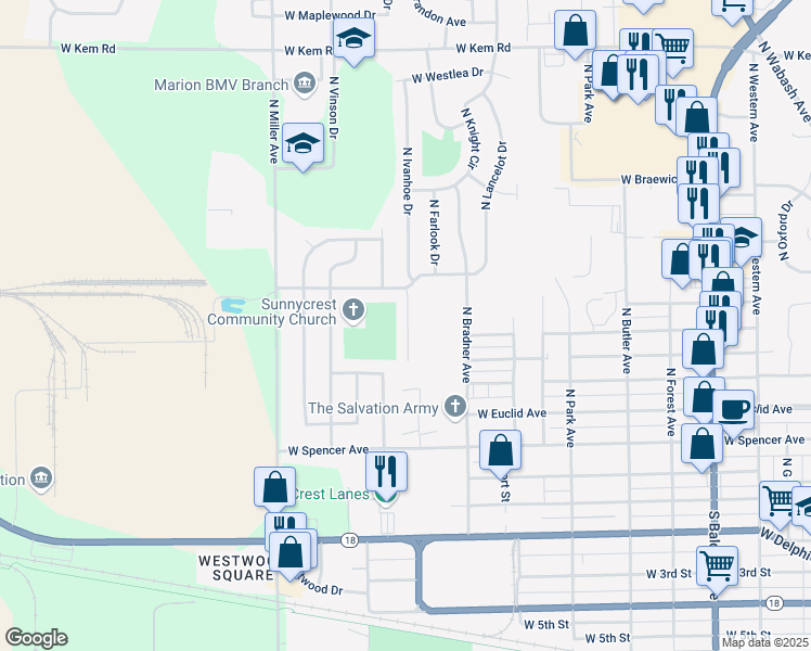 map of restaurants, bars, coffee shops, grocery stores, and more near 1825 W Bradford St in Marion