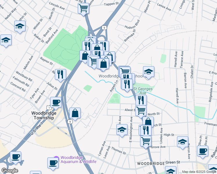 map of restaurants, bars, coffee shops, grocery stores, and more near 25 Aspen Lane in Woodbridge Township