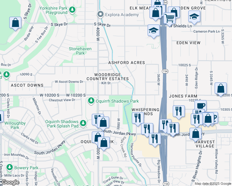 map of restaurants, bars, coffee shops, grocery stores, and more near 10190 Menteith Street in South Jordan