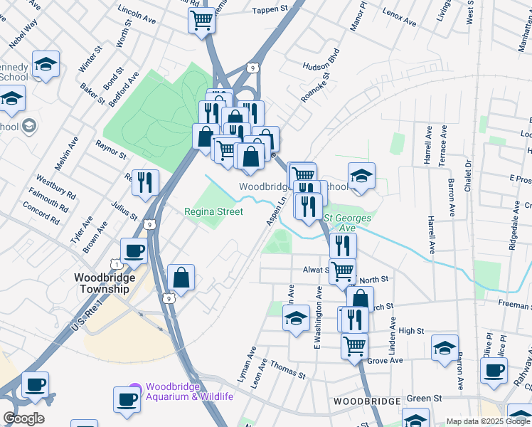 map of restaurants, bars, coffee shops, grocery stores, and more near 25 Aspen Lane in Woodbridge Township