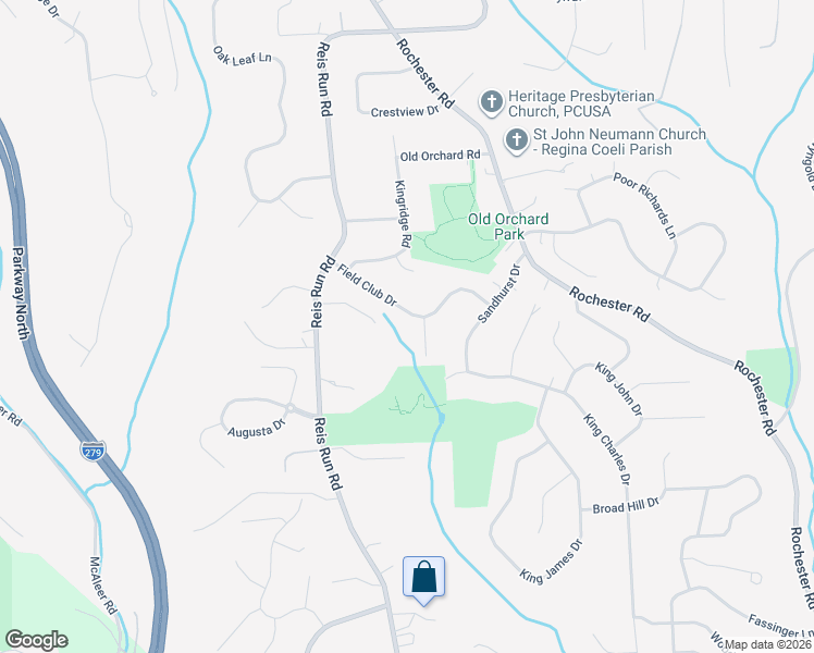map of restaurants, bars, coffee shops, grocery stores, and more near 1534 Field Club Drive in Pittsburgh