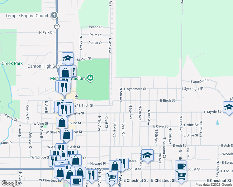 map of restaurants, bars, coffee shops, grocery stores, and more near 701-999 North 4th Avenue in Canton