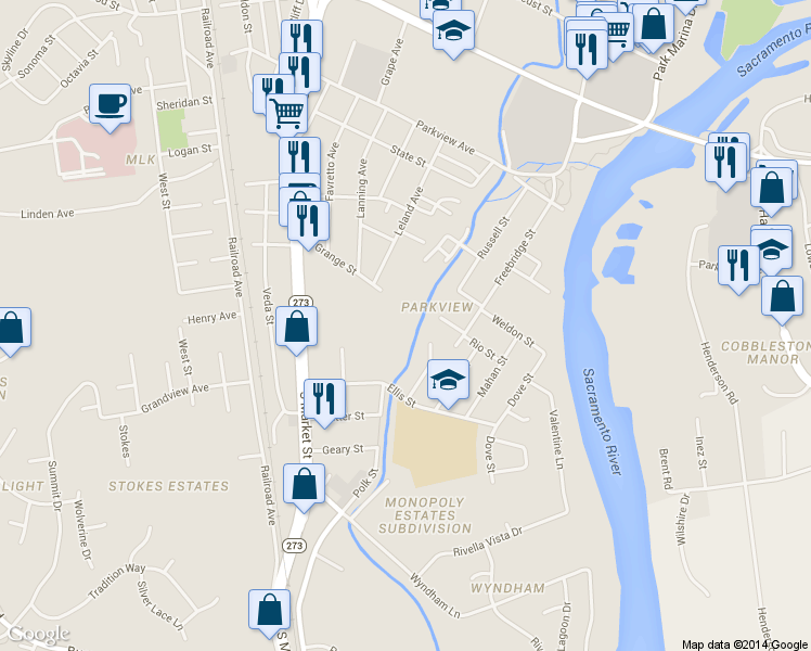 map of restaurants, bars, coffee shops, grocery stores, and more near 975 Grange Street in Redding