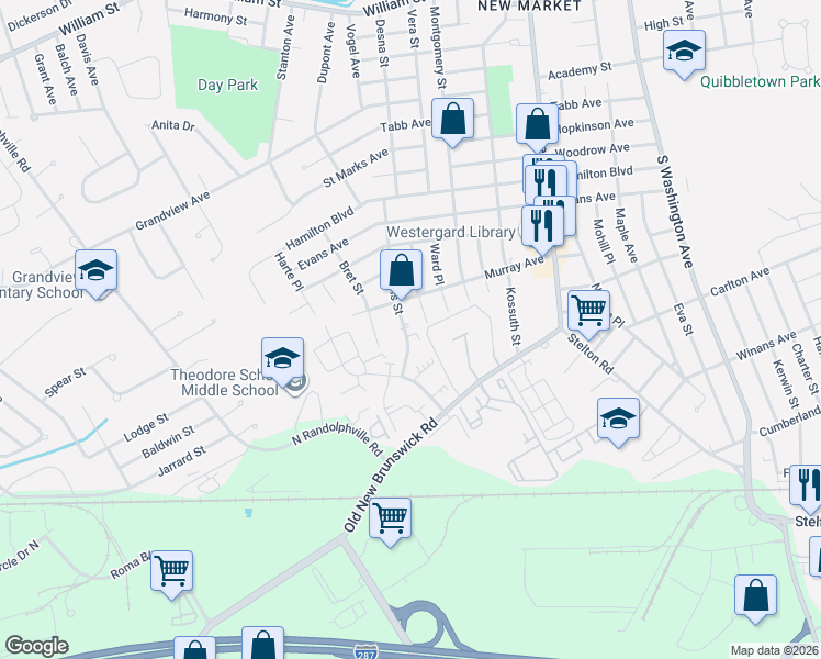 map of restaurants, bars, coffee shops, grocery stores, and more near 247 Adams Street in Piscataway